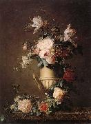 unknow artist A Still life of various flowers in a sculpted urn,resting on a marble-topped table oil
